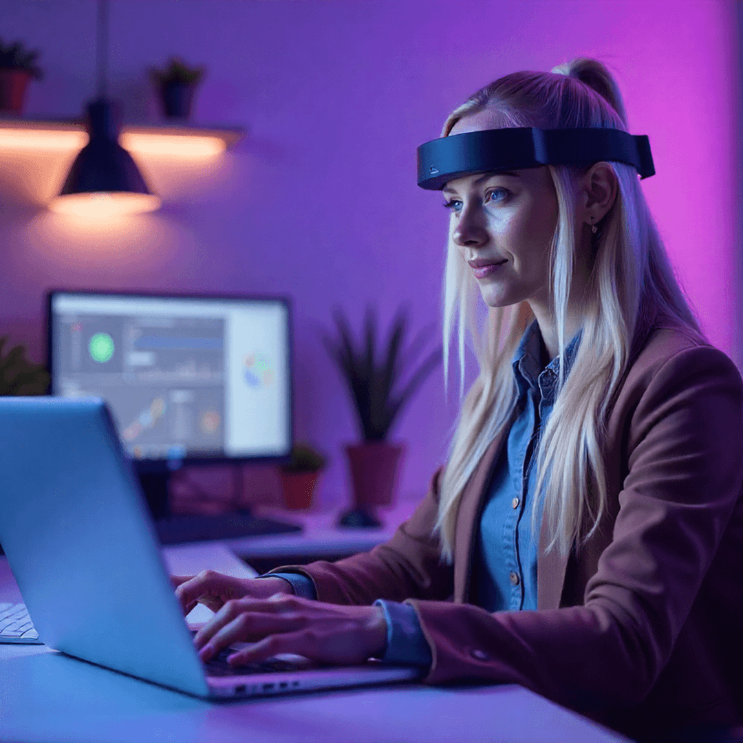 a woman is wearing a headset and looking at a computer screen