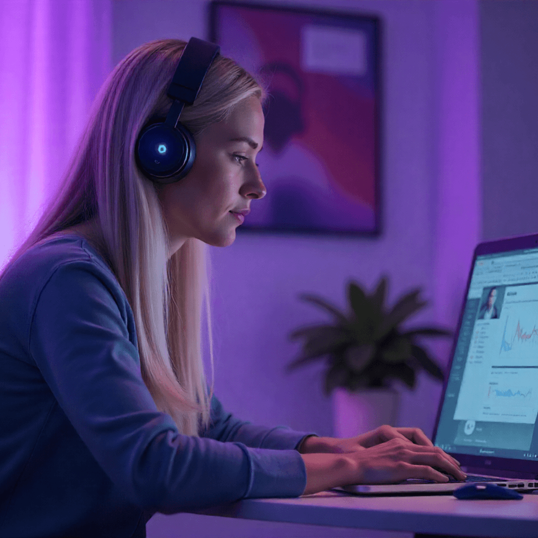 a woman is wearing a headset and looking at a computer screen